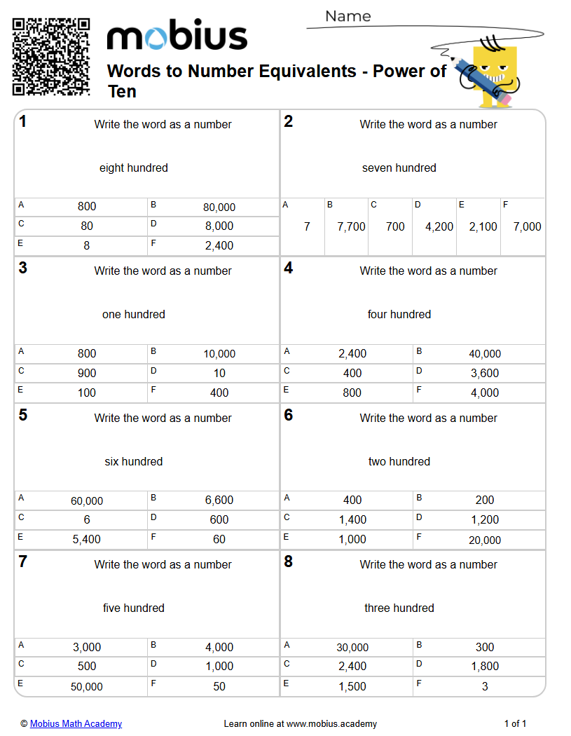 Free Worksheet: Words To Number Equivalents - Power Of Ten (level 2 ...