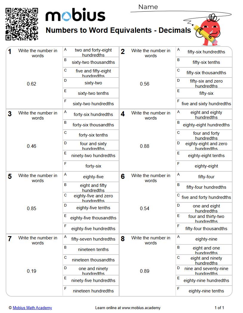 Free Worksheet: Numbers To Word Equivalents - Decimals (level 2 ...