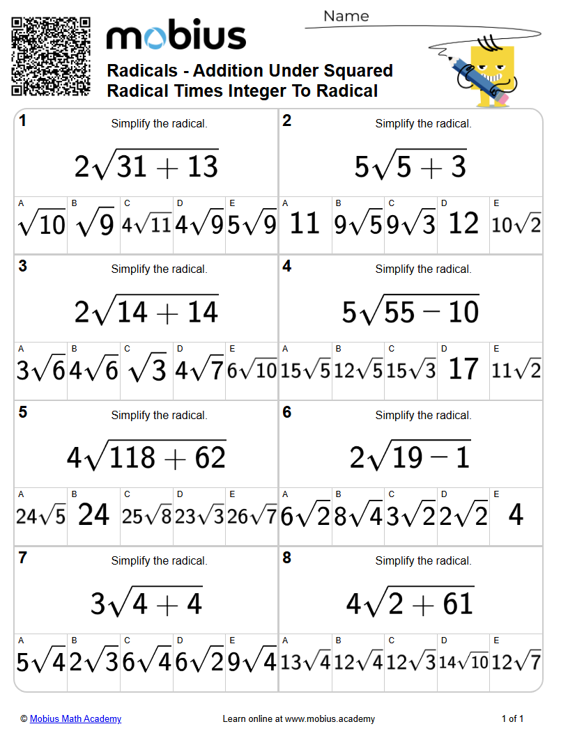 Free Printable Math Worksheet: Radicals - Addition Under Squared Radical Times Integer To ...