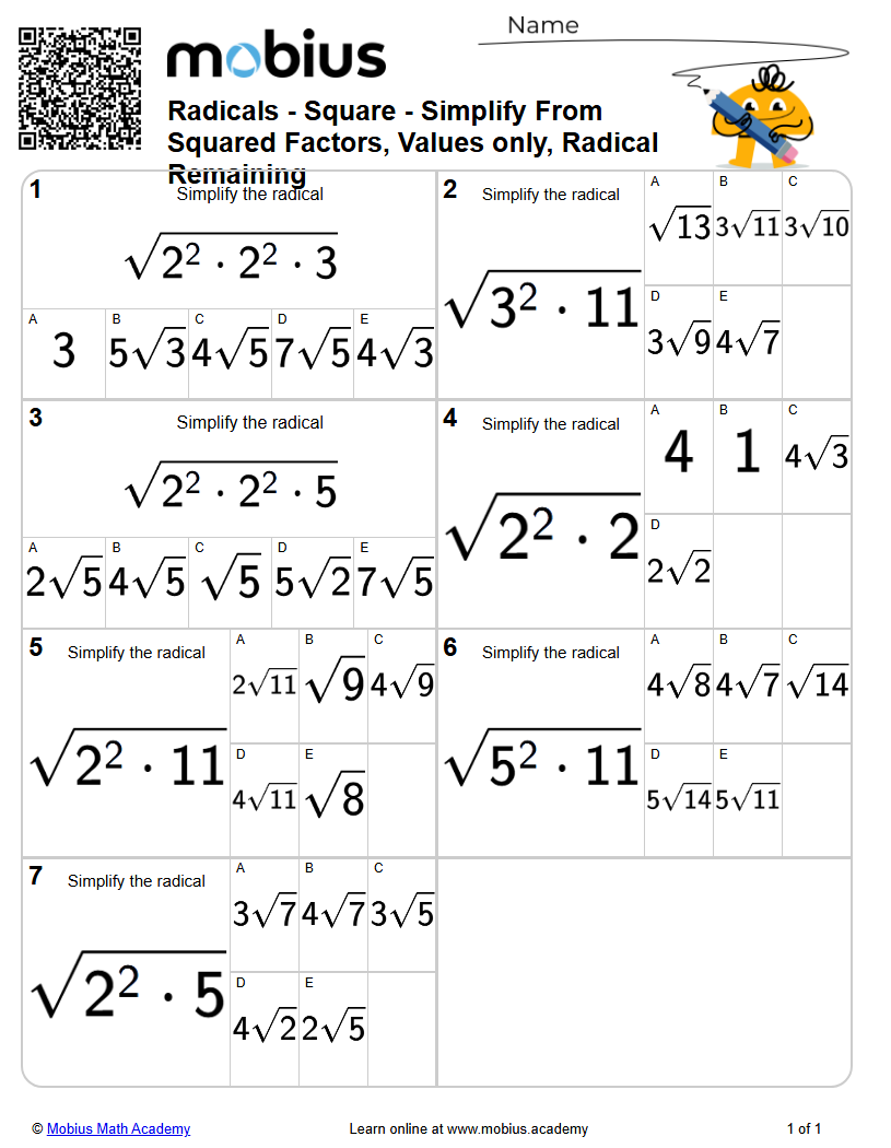 Free Printable Math Worksheet: Radicals - Square - Simplify From Squared Factors, Values Only ...