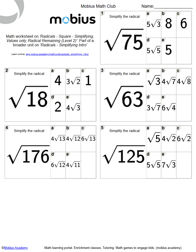 Free Printable Math Worksheet: Radicals - Square - Simplifying, Values ...