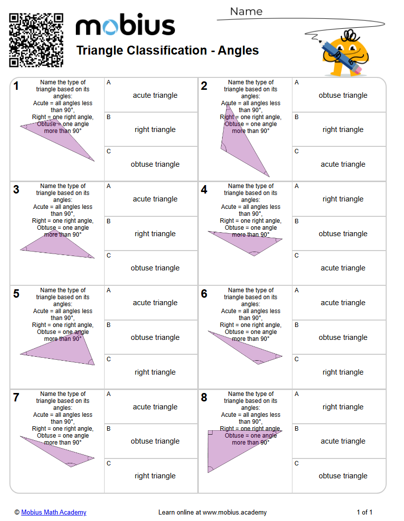 Free Worksheet Triangle Classification Angles (level 1) Mobius Math Club