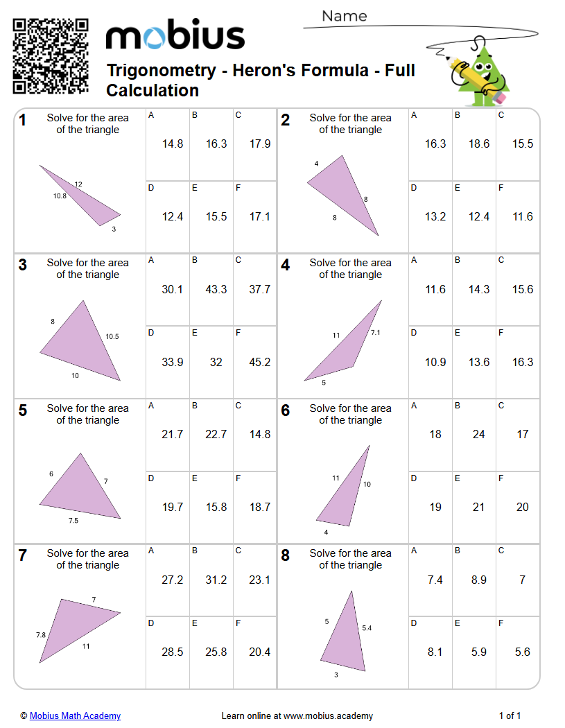 Free Printable Math Worksheet Trigonometry Heron's Formula Full